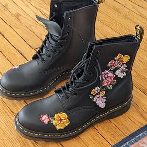 Dr. Martens Black Combat Boots with Floral Embroidery